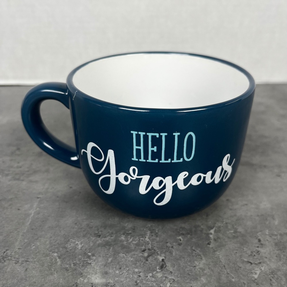 Navy Blue Hello Gorgeous Ceramic Coffee Mug White Interior Tea Cup